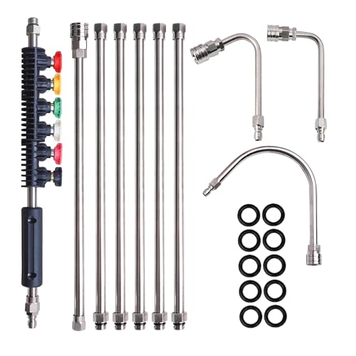 Hourleey Stainless Steel Pressure Washer Extension Wand, 10 Pack Power Washer Lance with 6 Nozzle Tips, 30°, 90° and U shape curved wands, 1/4