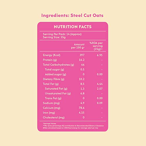 Image of Nourish You Premium Steel Cut Oats - 1Kg | 14.2g Protein per 100g | 10.2g dietary Fibre per 100g | Gluten Free Oats | High in Iron & Fibre | Healthy Protein Breakfast Cereal & Oatmeal | Diet food for Weight Management | Value pack |