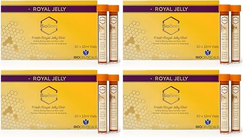 Image of BioBees Fresh Royal Jelly Elixir 10 Vials, 10 Days Supply – Natural Energy & Immune Support Supplement with Korean Ginseng, Guarana & Herbal Blend for Vitality, Skin Health, Memory, Mood (Pack of 4)