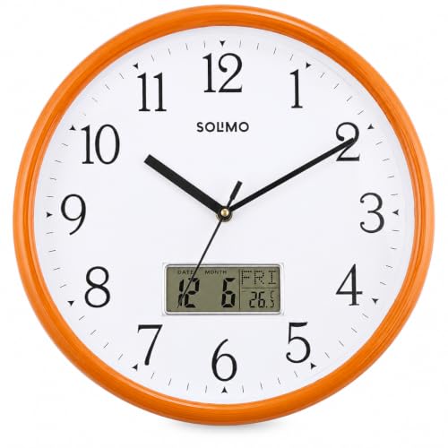 Image of Amazon Brand - Solimo 12 Inches Analog Wall Clock with LCD Display Wall Clock for Hall Living Room Bed Room Office Wooden Look Plastic Step Movement Stylish Wall Clock for Home - 1197LCD (D Wood)
