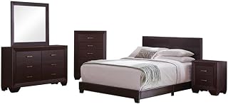 Pemberly Row 5-Piece Twin Leatherette Bedroom Set, Dark Cocoa Finish, Includes Bed, Nightstand, Dresser, Chest, and Mirror, Rubberwood Frame, Mid-Century Modern Style for Contemporary Bedroom Decor