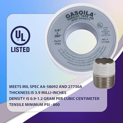 Image of Gasoila PTFE Thread Seal Tape - Professional-Grade, 1 /4 Inch x 260 Inch, High-Density Thread Tape for Plumbing, HVAC, Gas Lines, Water Pipes, and Air Compressors - Leak-Proof Seal, Non-Toxic