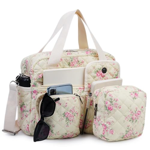 2 PCS/Set Small Cute Floral Quilted Tote Bag with Multi-Pockets for Women, Crossbody Shoulder Everyday Handbags