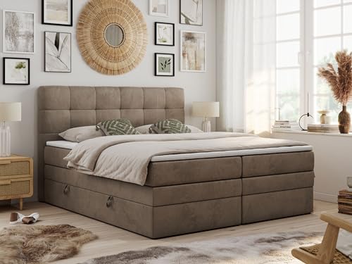 MKS MEBLE King Boxspringbett 200x200 Braun, Polsterbett Mit Bettkasten, Multipocket-Matratze H4, Kopfteil Und Topper - Luka in Braun Velvet