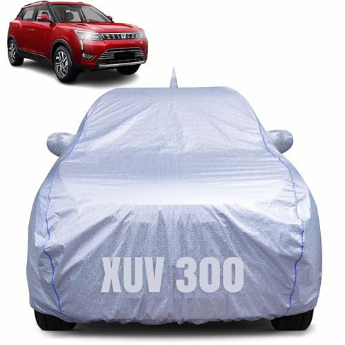 Image of 100% Waterproof Car Body Cover for Mahindra Xuv 300 (2019-2025) with Mirror Pocket, Heat & UV Resistant, Triple Stitched, Soft Lining, Bottom Elastic & Piping (Silver Reflective)