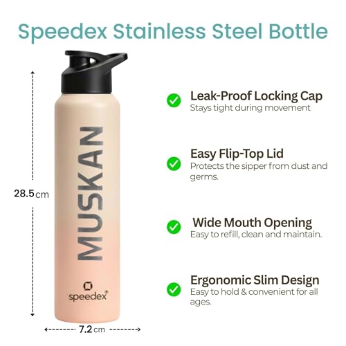 Image of Speedex Engraved Name Stainless Steel Sipper Water Bottle 1 Ltr - Customised Personalised Bottle for Kids & Adults, School, Gym, Sports, Black, Set of 1 (Peach Orange, Set Of 1)
