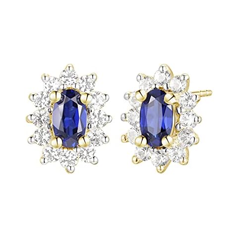Tirafina Lab-Created Blue Sapphire Halo Stud Earrings with Lab-Created White Sapphires, Birthstone Jewelry, 14K Gold-Plated Sterling Silver (6x4mm Stone) Cover