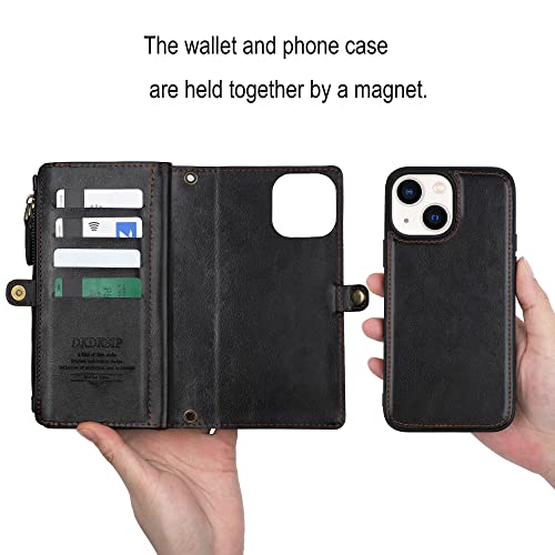 Dkdksip For Iphone 14 Plus Wallet Case For Women, Support Wireless Charging With Rfid Blocking Card Holder, Leather Zipper 2 In 1 Detachable Magnetic Phone Case With Crossbody Strap Wristlet, Black #TOP4