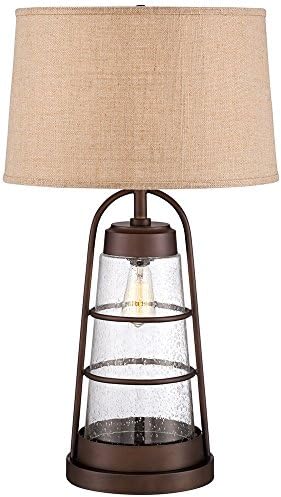 Franklin Iron Works Rustic Farmhouse Table Lamp 31" Tall with Nightlight Bronze Clear Seeded Lantern Glass Burlap Brown Drum Shade for Bedroom Living Room House Bedside Nightstand Office Entryway