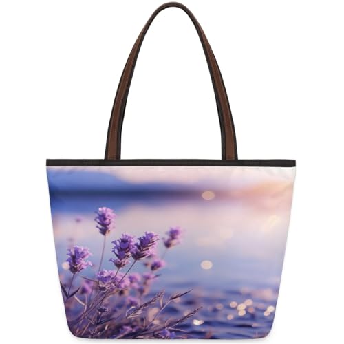 Beautiful Lavender Tote Bag Multi Pocket Zippered Beach Bag Lightweight Waterproof Handbag for Women Men Work Gym Travel Swimming Yoga Grocery Shopping M