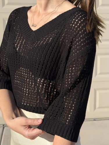 Image of Rapbin Women's Crochet V Neck Beach Cover Up 3 /4 Sleeve Hollow Out Knitted Pullover Sweater