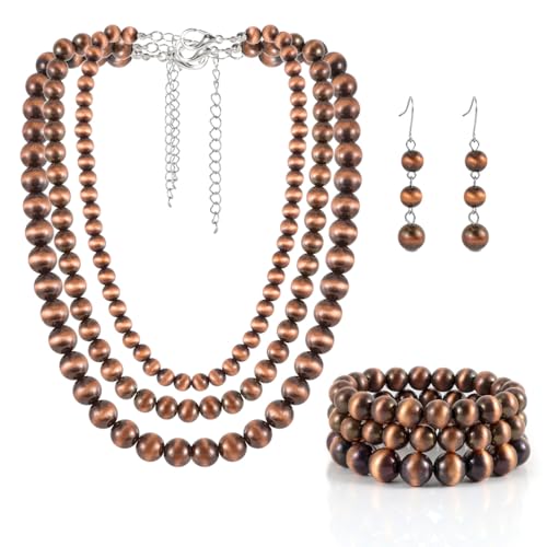 KOSMOS-LI Western Style Three Layer Necklaces Bracelet Earrings Faux Pearl Bronze Beaded Women Jewelry Sets