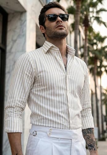 Image of IndoPrimo Men's Striped Shirt | Premium Slim Fit Full Sleeve Formal Casual Shirt | Button-Down Cotton Shirt for Office