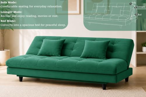 Image of Los Angeles Modern Convertible Futon Sofa Bed, Tufted Upholstered Folding Couch with Adjustable Backrest, Space Saving Sleeper Sofa for Living Room, Apartment, Office, Dorm & Guest Room - Green