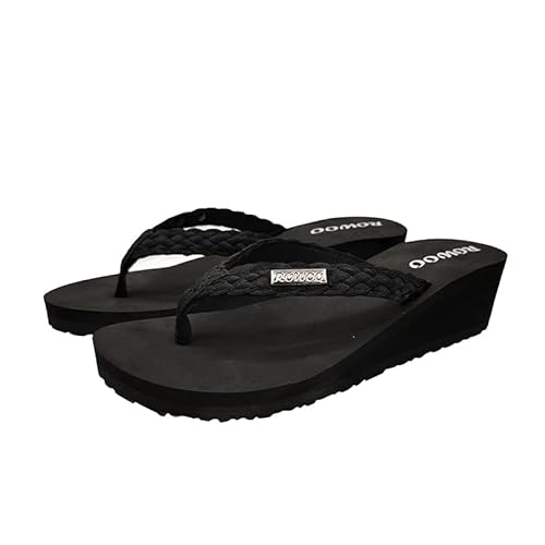 HUMMOO LTD Women’s Metal Decoration Platform High Wedge Flip Flops Ladies Soft Cushion Summer Thong Sandals (Black/US5/EU36)