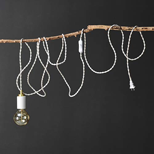 Brighttia Plug-In Simple Top Hanging Swag Pendant Light - Matte White/Brushed Gold - Industrial Modern Minimalist Exposed Bulb Lighting For Apartments And Dorms - 15Ft Fabric Cord (Bp0005-1Wgp) #TOP2