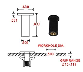 Rubber-NUT Threaded Inserts, 1/4-20 Thread Size, .015-.111 Grip Range (Pack of 10)
