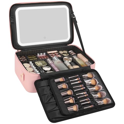 Relavel Large Makeup Case with LED Mirror, 16.2" Train Case with Dividers