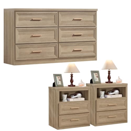 RWYHG Dresser and Nightstand Sets 3 Piece, 6-Drawer Dresser, Oak