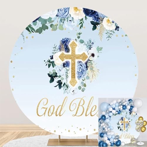 TTQYFNM 6.5x6.5ft God Bless Round Backdrop Cover Rustic Blue Floral Gold Cross Glitter Dots First Holy Communion Photography Background for Boys Baby Shower Baptism Christening Party Decoration Banner