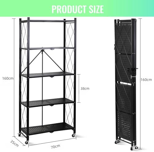 SKY-TOUCH Foldable Storage Shelves 5 Tier, Storage Racks Kitchen Cabinet, Shelf Storage Multipurpose Rack for Living Room Bedroom Kitchen Garage Easy Assembly Black