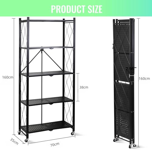 SKY-TOUCH Foldable Storage Shelves 5 Tier, Storage Racks Kitchen Cabinet, Shelf Storage Multipurpose Rack for Living Room Bedroom Kitchen Garage Easy Assembly Black
