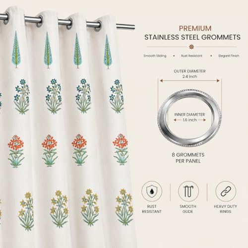 Image of Clasiko Block Print Sheer Door Curtains| 5 Feet | 40% Light Filtering Linen Textured Curtains with Eyelets | Elegant Floral