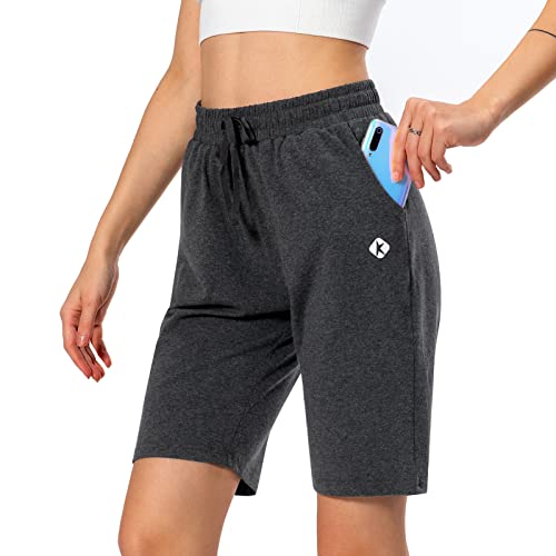 Women's Bermuda Shorts Long Cotton Sweat Knit Shorts Pull On Walking Lounge Shorts with Pocket Charcoal