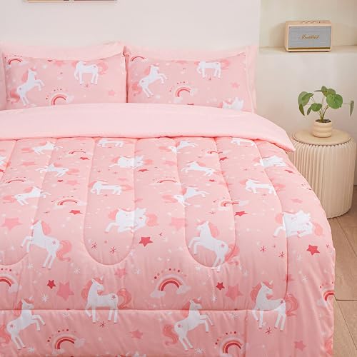 Image of Bedding Set Queen Size Pink Unicorn 7pcs Bed in A Bag, All Season Dreamy Unicorn Printed, Soft Microfiber Comforter Set with Sheets, Pillowcase & Sham for Girls Kids Teens (7 Piece Queen)