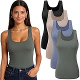4 Pack Tank Tops for Women, Scoop Neck Wide Strap Soft Stretch Sleeveless Undershirt, Opaque Casual Basic Layering Tops(Black, Nude, Blue, Green, L)