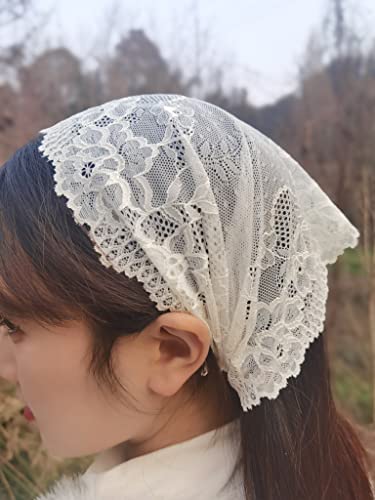 YuRongsxt Lace Bandanas for Women Tulle Headband Kerchief Church head wrap Kerchief Tie-style Head Covering M26 (Ivory) - Thumbnail 4