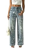 heipeiwa Women's Rhinestone Jeans Wide Leg Denim Pants High Waist Sparkle Shiny Glitter Sequin Trouser Outfit Light Blue