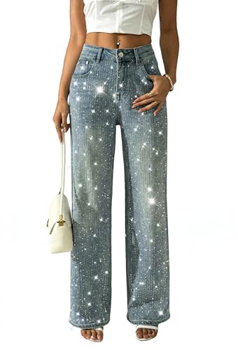 heipeiwa Women's Rhinestone Jeans Wide Leg Denim Pants High Waist Sparkle Shiny Glitter Sequin Trouser Outfit, Light Blue, Small