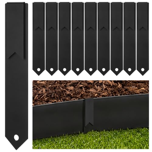 Hicarer 10 Pcs 12 Inch Landscape Stakes Heavy Duty Metal Garden Stakes Black Steel Landscape Edging Splicing Stake Powder Coated Edging Connector for Lawn Garden Tie in Stake Outdoor Yard Bed Edge