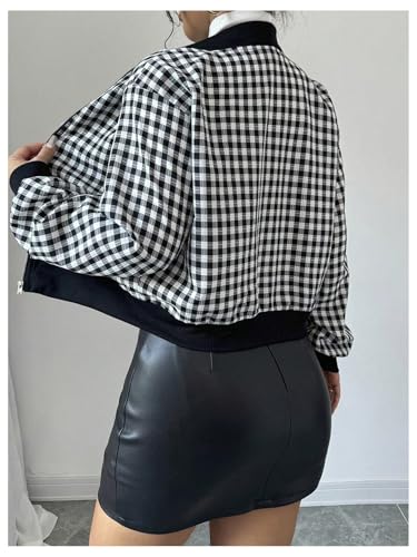 MakeMeChic Women's Plaid Full Zip Mock Neck Bomber Jacket Lantern Sleeve Coat2