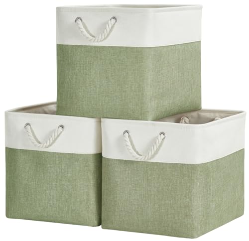 SOCOHOME Aufbewahrungsboxen Stoff, 33x33x33cm körbe Aufbewahrung für Spielzeug Regal Garderobe,Waschbar(Grün/Weiß, 3 Pack)
