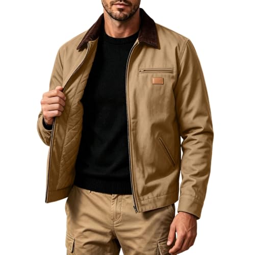 Cyvrin Jacket for Men Contrast Corduroy Collar Zip Up Long Sleeve Jacket - image 1
