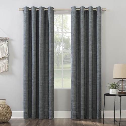 Sun Zero Brooks Burlap Weave Thermal Extreme Total Blackout Grommet Curtain Panel, 52" x 63", Navy/Denim Blue
