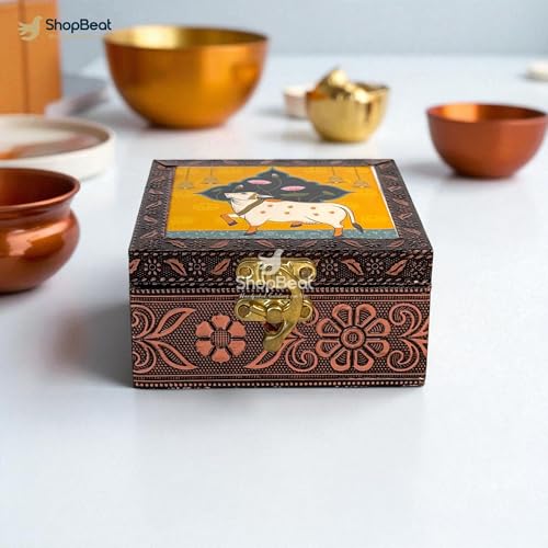 Image of Handcrafted Wooden Jewellery Box Copper Metal Finish (4 x 4 inch) Pack of 3 | Oxidized Pichwai Cow Design | Decorative Organizer | Storage Box for Women Puja Festive Gifting | Marigold Gold