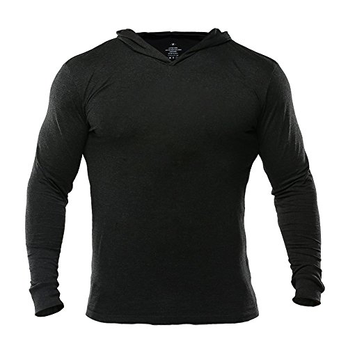 Muscle Alive Bodybuilding Long-Sleeve Hoodie Casual Sweatshirts Stretchy Cotton Black Plain Color Size S