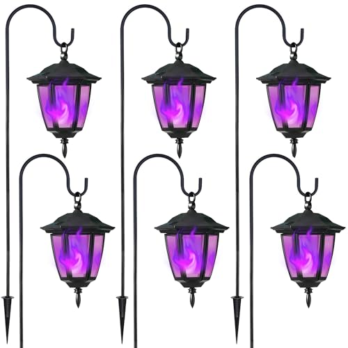Dynaming 6 Pack Solar Halloween Flame Hanging Lights Outdoor, Flickering Flame LED Garden Lanterns with 4x38 Inch Shepherd Hooks, Landscape Lighting Waterproof for Lawn Yard Pathway Driveway, Purple by Dynaming - Used condition - US$52.26