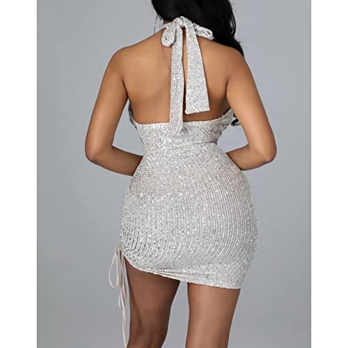 Dawwoti Vestido frente única feminino cortado cruzado com lantejoulas Bodycon bandagem clube festa m