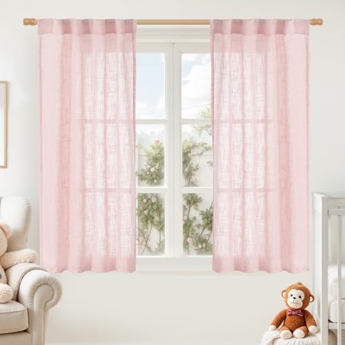 LAMIT Pink Linen Curtains 45 Inch Length 2 Panels, Light Filtering Panels Back Tab and Rod Pocket Country Decor Drapes for Kitchen/Window/Loft Room/Bedroom, 34 x 45 Inch