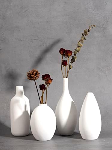 ASHYLE White Ceramic Vase Set of 4, Small Vase for Flower Decor, Modern Boho Vase for Rustic Farmhouse Home Decor, Living Room, Office, Shelf, Bookshelf, Table Decor - Decorative Vase for Pampas Grass