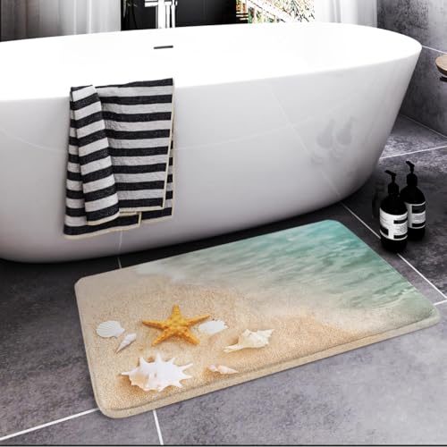 Britimes Bath Mat for Bathroom, Beach Starfish Sea Shell Washable Cover Floor Rug Carpets Floor Mat Bathroom Decorations 16x24 Inches for Kitchen Bedroom Indoor - Thumbnail 2