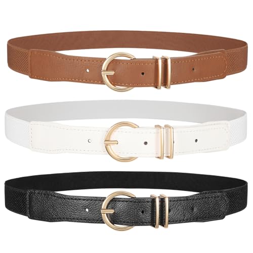 JASGOOD 3 Pack Women Skinny Elastic Waist Belt for Dress Ladies Thin Stretch Fashion Belt with Gold Buckle