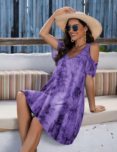 Image of JollieLovin Womens Plus Size Short Sleeve Cold Shoulder V Neck T-Shirt Dress with Pockets