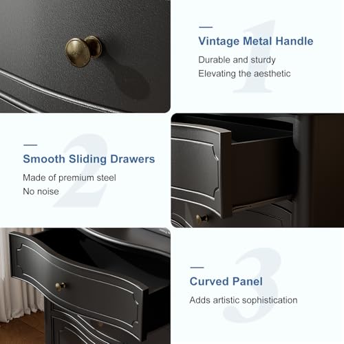 Image of 3 Drawers Dresser for Bedroom with Charging Station, 28 inch Wide Small Chests of Drawers, Farmhouse Wood Nightstand Bedside Cabinet End Table for Bedroom, Living Room, Closet, Black