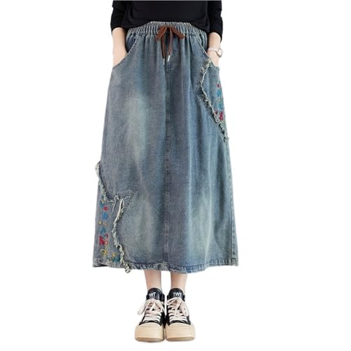Women's Ethnic Style Floral Embroidered Denim Skirt Fashion Raw Edge A-line Midi Skirt High Waist Casual Loose Skirts