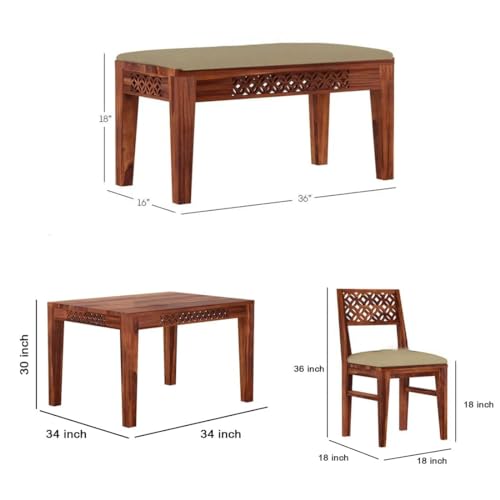 Image of KENDALWOOD Furniture | 1 Year Warranty | Dining Table (34x34) with 2 Chairs 1 Bench | 4 Seater Dining Set | Wooden Dining Table with Chair |Honey Finish with Cream Cushions -DIY(Do-It-Yourself)